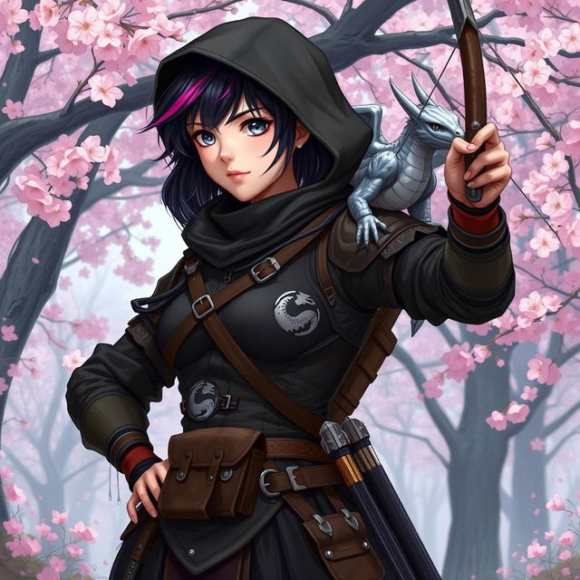 A female hexblood ranger character in a dynamic pose at the edge of a sakura forest