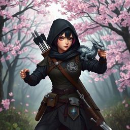 A female hexblood ranger character in a dynamic pose at the edge of a sakura forest