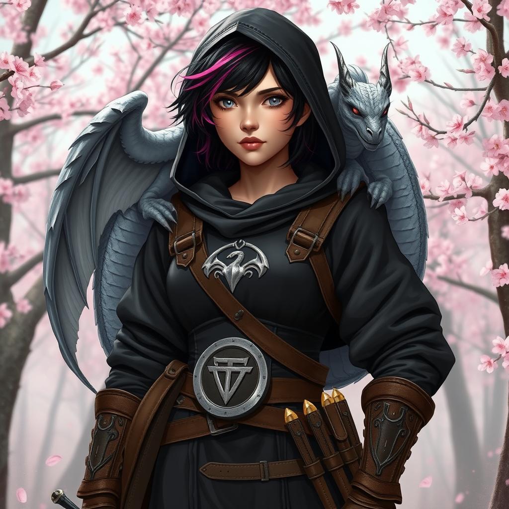 A Dungeons & Dragons female hexblood ranger with short black hair featuring orchid highlights, striking silver eyes, and pale rose colored skin