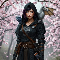 A Dungeons & Dragons female hexblood ranger with short black hair featuring orchid highlights, striking silver eyes, and pale rose colored skin