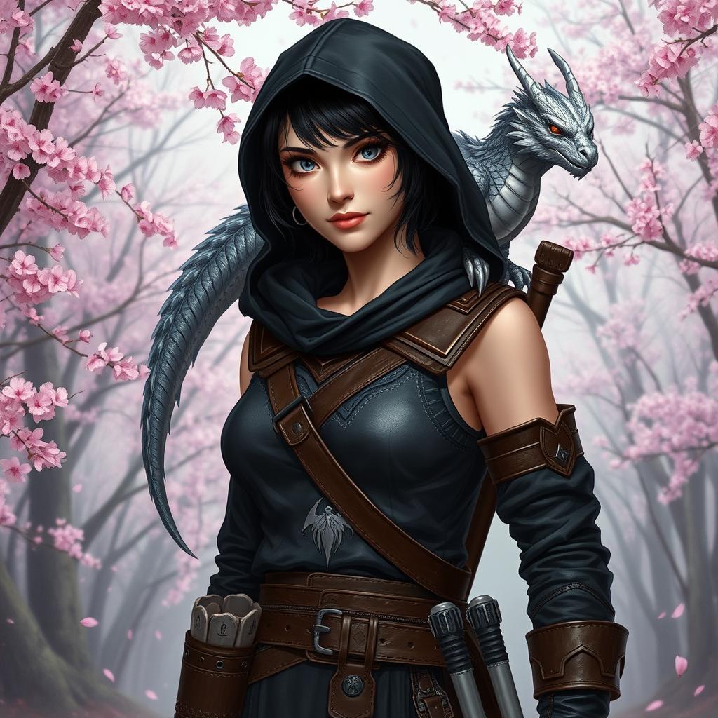 A Dungeons & Dragons female hexblood ranger with short black hair featuring orchid highlights, striking silver eyes, and pale rose colored skin