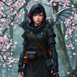 A Dungeons & Dragons female hexblood ranger with short black hair featuring orchid highlights, striking silver eyes, and pale rose colored skin