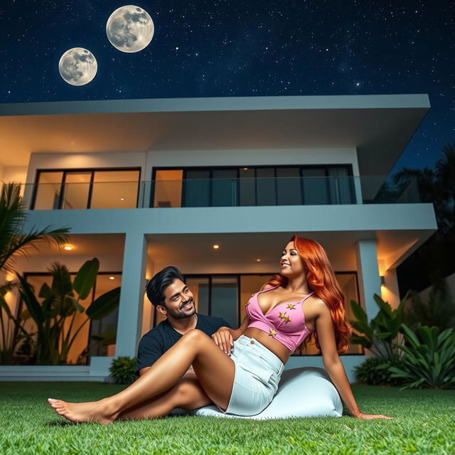 A tall, alluring 45-year-old Colombian woman with long, flowing red hair and a voluptuous figure characterized by a 42DD bust is elegantly reclined in the garden of a futuristic three-story house