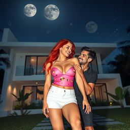 A tall, alluring 45-year-old Colombian woman with long, flowing red hair and a voluptuous figure characterized by a 42DD bust is elegantly reclined in the garden of a futuristic three-story house