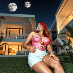 A tall, alluring 45-year-old Colombian woman with long, flowing red hair and a voluptuous figure characterized by a 42DD bust is elegantly reclined in the garden of a futuristic three-story house