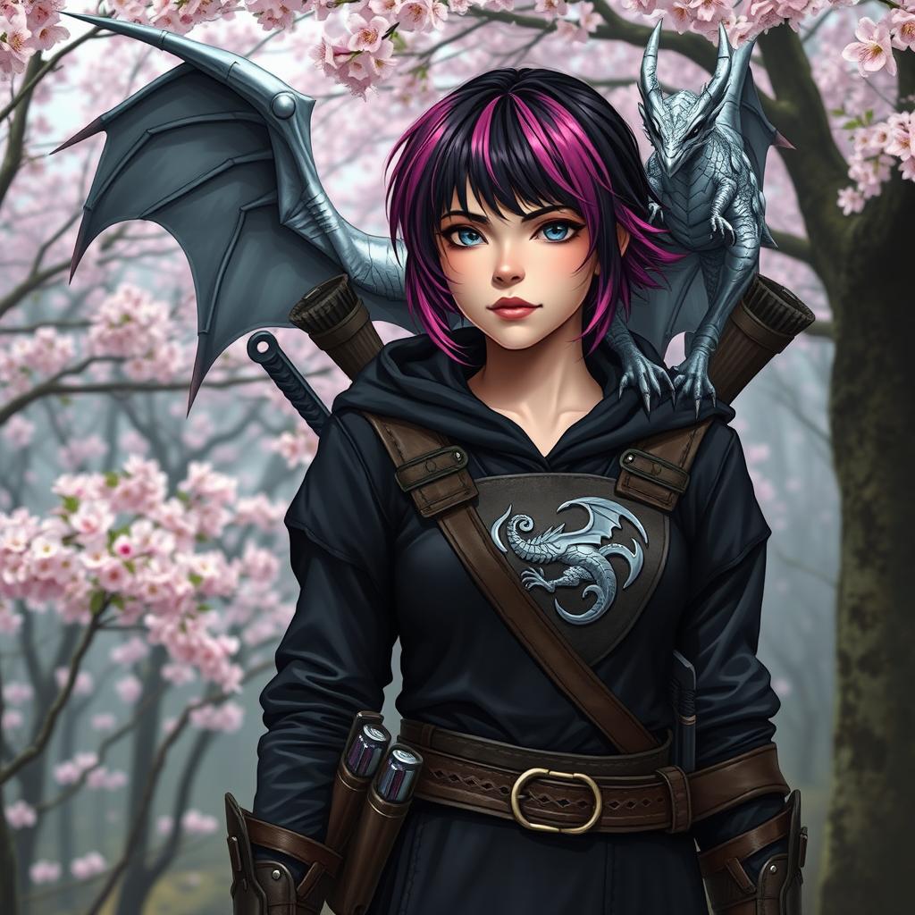 A Dungeons & Dragons female hexblood ranger stands confidently at the edge of a sakura forest