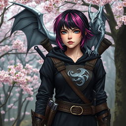 A Dungeons & Dragons female hexblood ranger stands confidently at the edge of a sakura forest