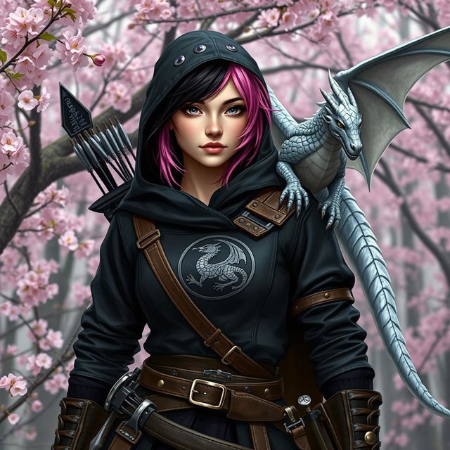 A Dungeons & Dragons female hexblood ranger stands confidently at the edge of a sakura forest