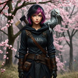 A Dungeons & Dragons female hexblood ranger stands confidently at the edge of a sakura forest