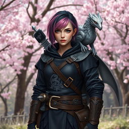 A Dungeons & Dragons female hexblood ranger stands confidently at the edge of a sakura forest