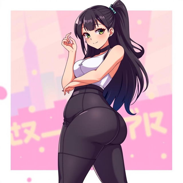 a voluptuous anime girl with an hourglass figure, emphasizing her large hips and thighs, wearing a stylish and form-fitting outfit that complements her curvy silhouette, set against a vibrant and colorful anime-style background, showcasing her confident pose and playful expression