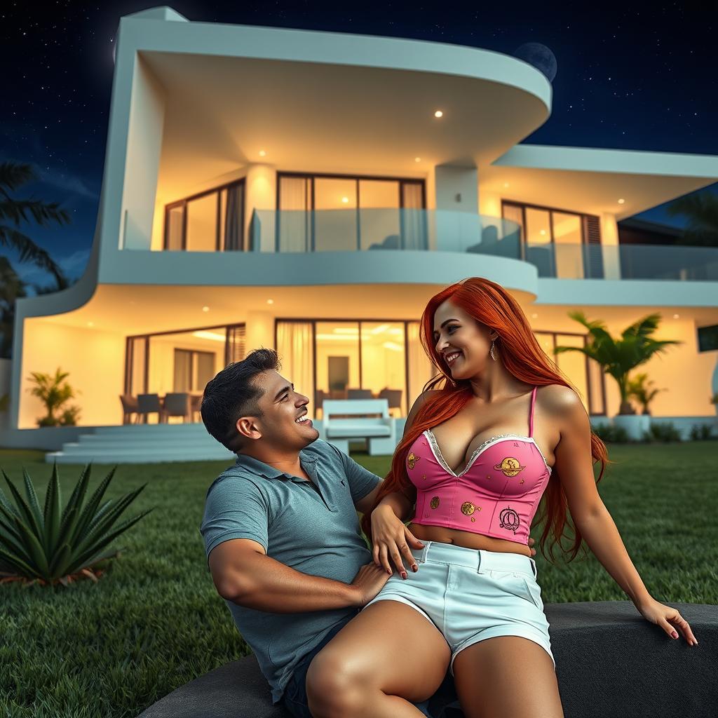 A tall, sexy 45-year-old Colombian woman with long, flowing red hair is gracefully reclined in the garden of a sleek, futuristic three-story house