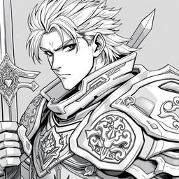 Anime-style greyscale illustration of a male human fighter, portrayed from the shoulders up, wearing detailed armor, and holding a sword