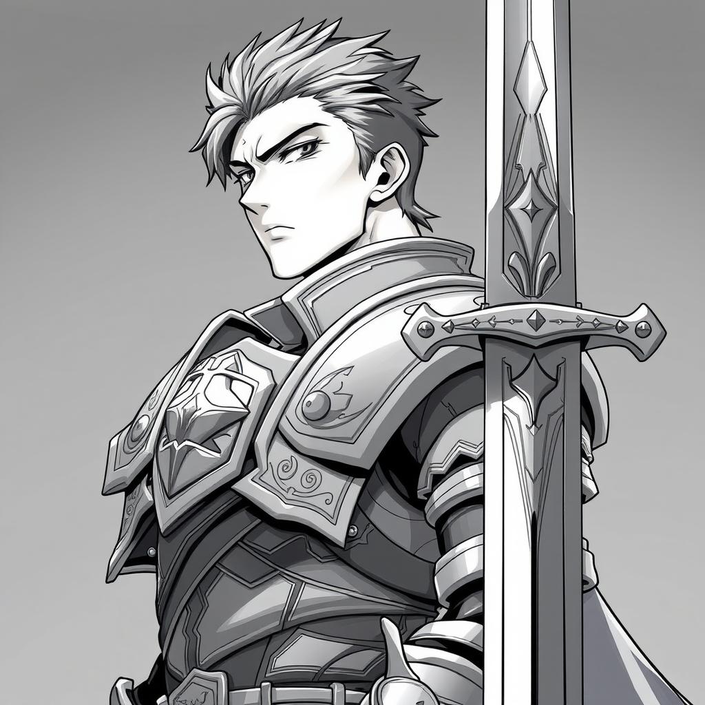 Anime-style greyscale illustration of a male human fighter, portrayed from the shoulders up, wearing detailed armor, and holding a sword