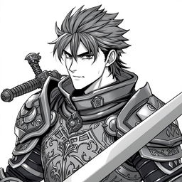 Anime-style greyscale illustration of a male human fighter, portrayed from the shoulders up, wearing detailed armor, and holding a sword