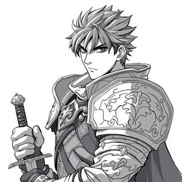 Anime-style greyscale illustration of a male human fighter, portrayed from the shoulders up, wearing detailed armor, and holding a sword