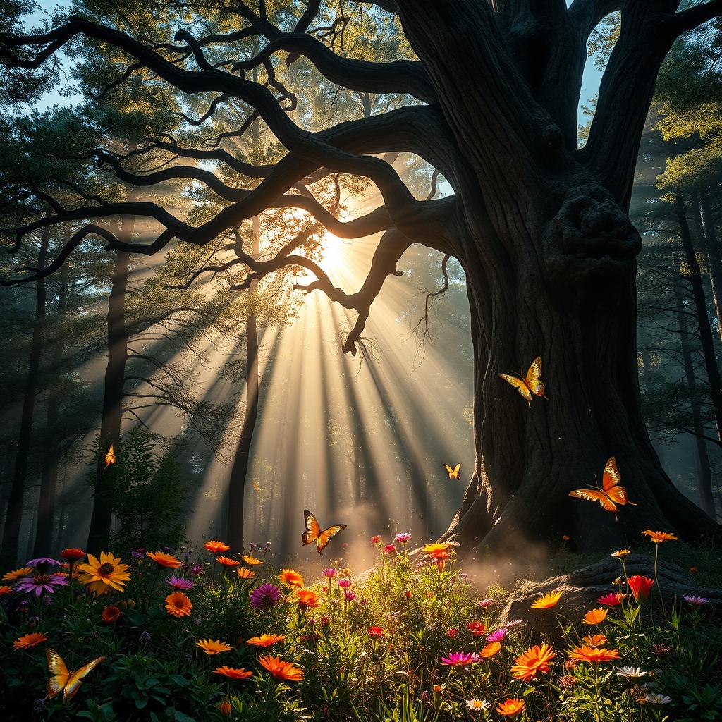 A mystical forest scene where the rays of the setting sun filter through a dense canopy, creating an enchanting pattern of light and shadow on the forest floor