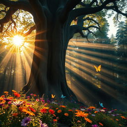 A mystical forest scene where the rays of the setting sun filter through a dense canopy, creating an enchanting pattern of light and shadow on the forest floor