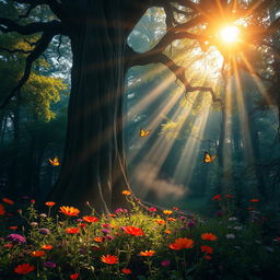 A mystical forest scene where the rays of the setting sun filter through a dense canopy, creating an enchanting pattern of light and shadow on the forest floor