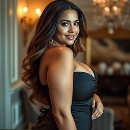 A portrait of a beautiful, voluptuous woman with an hourglass figure, dressed in elegant attire