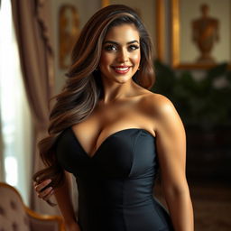 A portrait of a beautiful, voluptuous woman with an hourglass figure, dressed in elegant attire