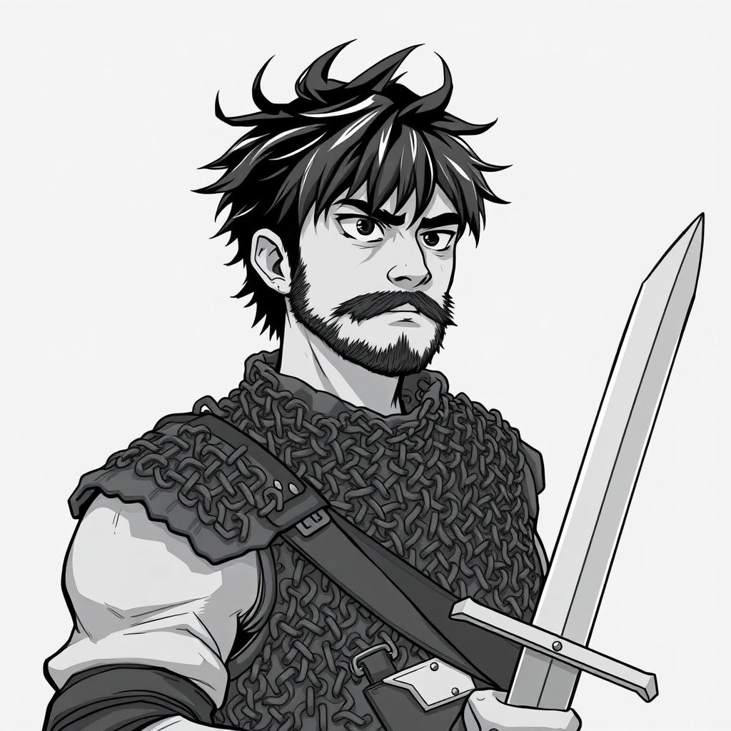 Anime-style greyscale illustration of a rugged male human fighter, portrayed from the shoulders up, wearing protective chainmail armor and holding a sword