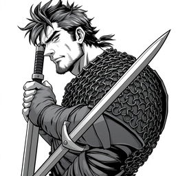 Anime-style greyscale illustration of a rugged male human fighter, portrayed from the shoulders up, wearing protective chainmail armor and holding a sword