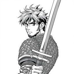 Anime-style greyscale illustration of a rugged male human fighter, portrayed from the shoulders up, wearing protective chainmail armor and holding a sword