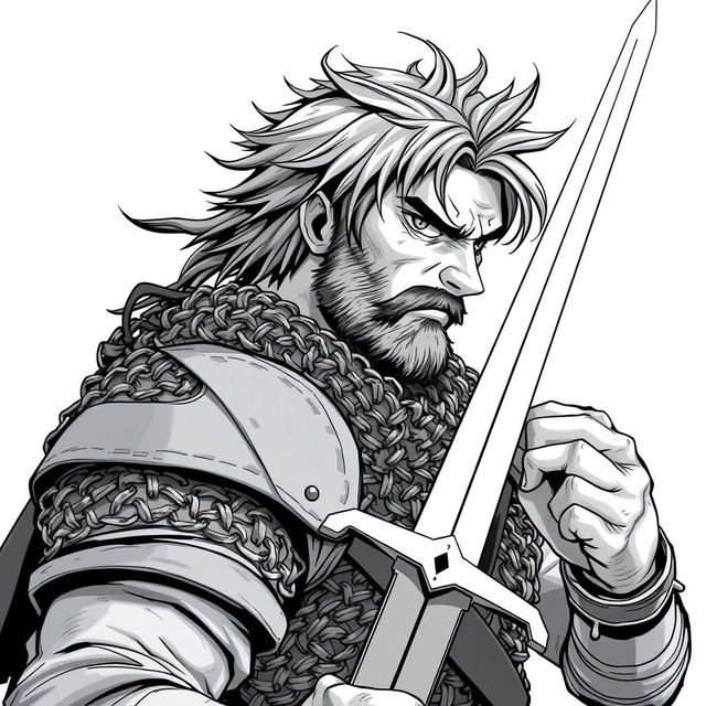 Anime-style greyscale illustration of a rugged male human fighter, portrayed from the shoulders up, wearing protective chainmail armor and holding a sword