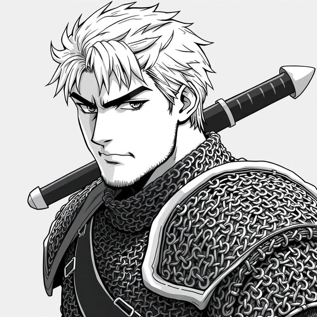 Anime-style greyscale illustration of a male human fighter, depicted from the shoulders up, wearing detailed chainmail armor