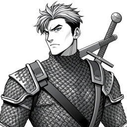 Anime-style greyscale illustration of a male human fighter, depicted from the shoulders up, wearing detailed chainmail armor