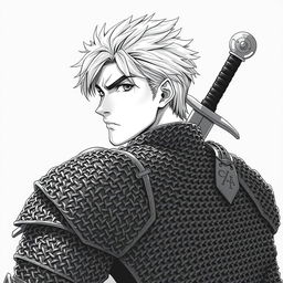 Anime-style greyscale illustration of a male human fighter, depicted from the shoulders up, wearing detailed chainmail armor