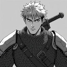 Anime-style greyscale illustration of a male human fighter, depicted from the shoulders up, wearing detailed chainmail armor