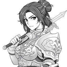 Anime-style greyscale illustration of a female human fighter, depicted from the shoulders up, wearing elegantly crafted armor