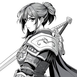 Anime-style greyscale illustration of a female human fighter, depicted from the shoulders up, wearing elegantly crafted armor