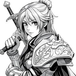 Anime-style greyscale illustration of a female human fighter, depicted from the shoulders up, wearing elegantly crafted armor