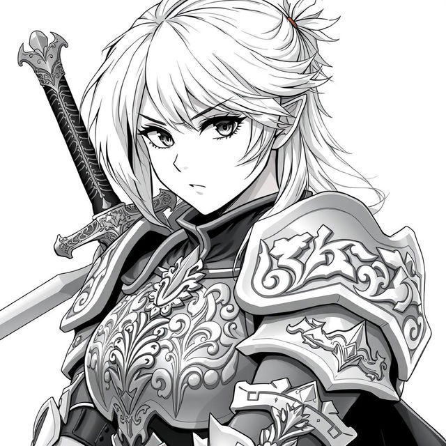 Anime-style greyscale illustration of a female human fighter, depicted from the shoulders up, wearing elegantly crafted armor