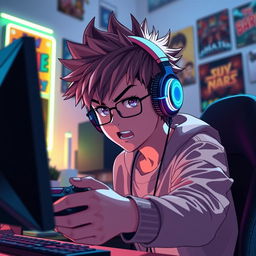 A dynamic scene featuring an anime style teenager, focused and intense, wearing modern headphones