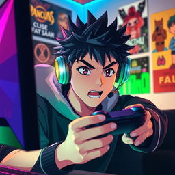 A dynamic scene featuring an anime style teenager, focused and intense, wearing modern headphones