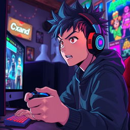 A dynamic scene featuring an anime style teenager, focused and intense, wearing modern headphones