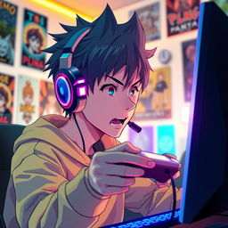 A dynamic scene featuring an anime style teenager, focused and intense, wearing modern headphones