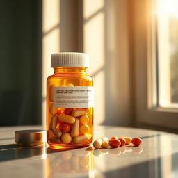 A detailed and realistic image of a transparent amber-colored pill bottle with a white cap