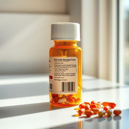 A detailed and realistic image of a transparent amber-colored pill bottle with a white cap