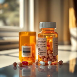 A detailed and realistic image of a transparent amber-colored pill bottle with a white cap