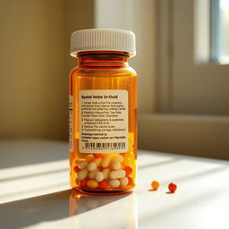 A detailed and realistic image of a transparent amber-colored pill bottle with a white cap