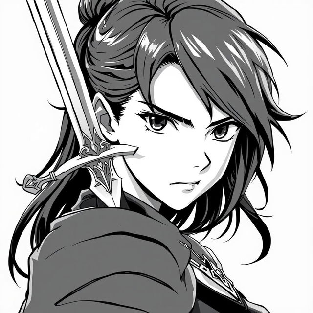 Anime-style greyscale illustration of a female human warrior, shown from the shoulders up, holding a sword