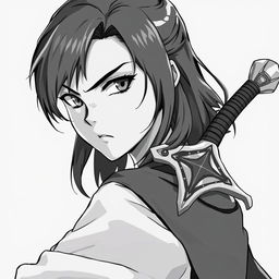 Anime-style greyscale illustration of a female human warrior, shown from the shoulders up, holding a sword