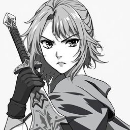 Anime-style greyscale illustration of a female human warrior, shown from the shoulders up, holding a sword