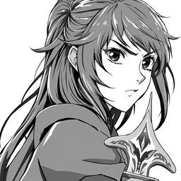 Anime-style greyscale illustration of a female human warrior, shown from the shoulders up, holding a sword