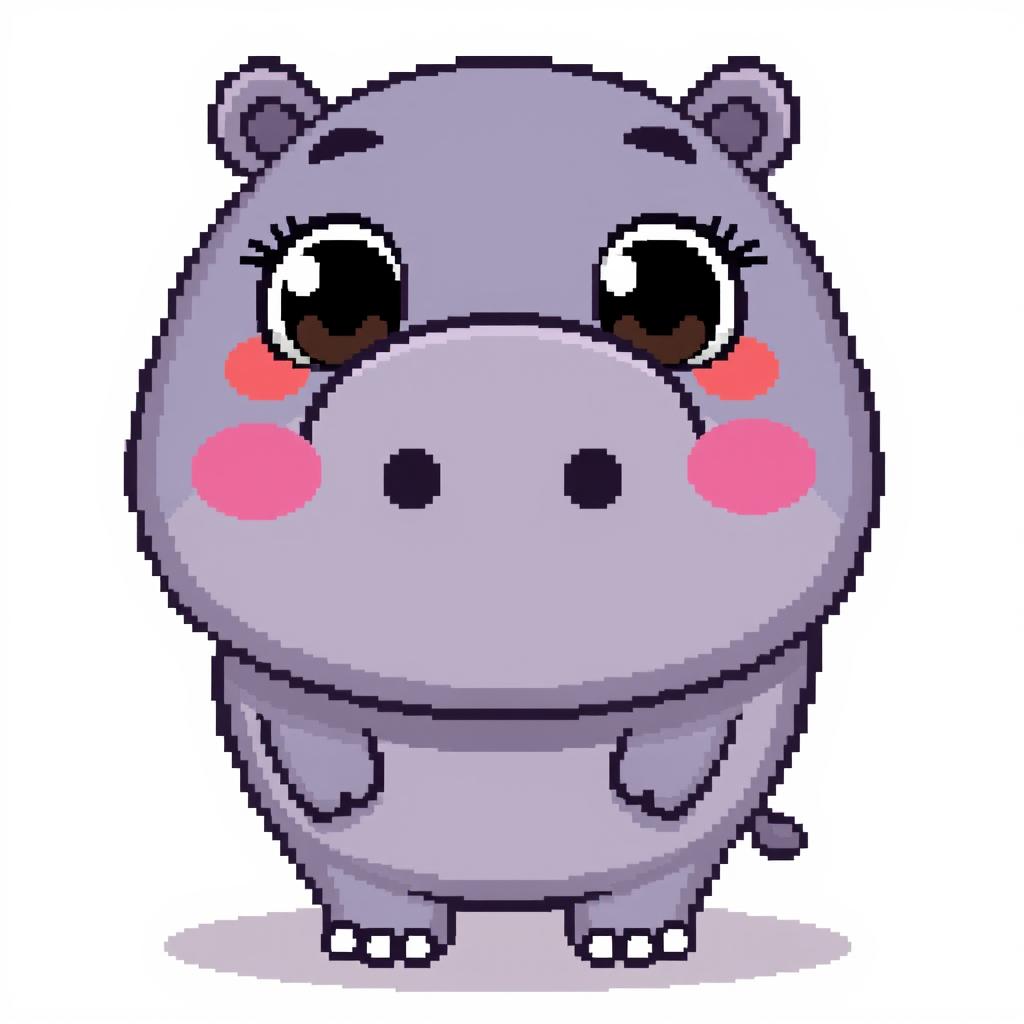 A cute pixel art hippopotamus, featuring large, expressive eyes and a small, adorable smile